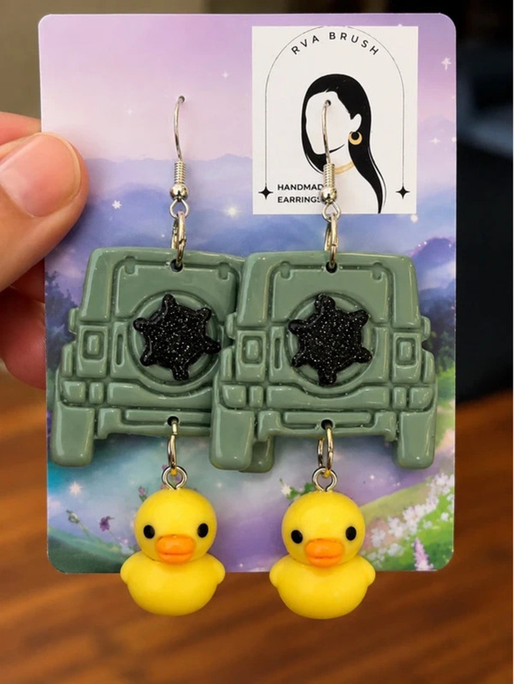 Handmade Green Dumpster and Yellow Rubber Duck Women's Earrings with Black Glit